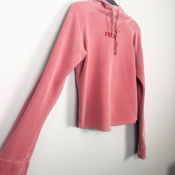 PUMA | Pale Red Distressed Hoodie Semi Cropped Sweatshirt Women’s Size X-Small - Picture 3 of 7